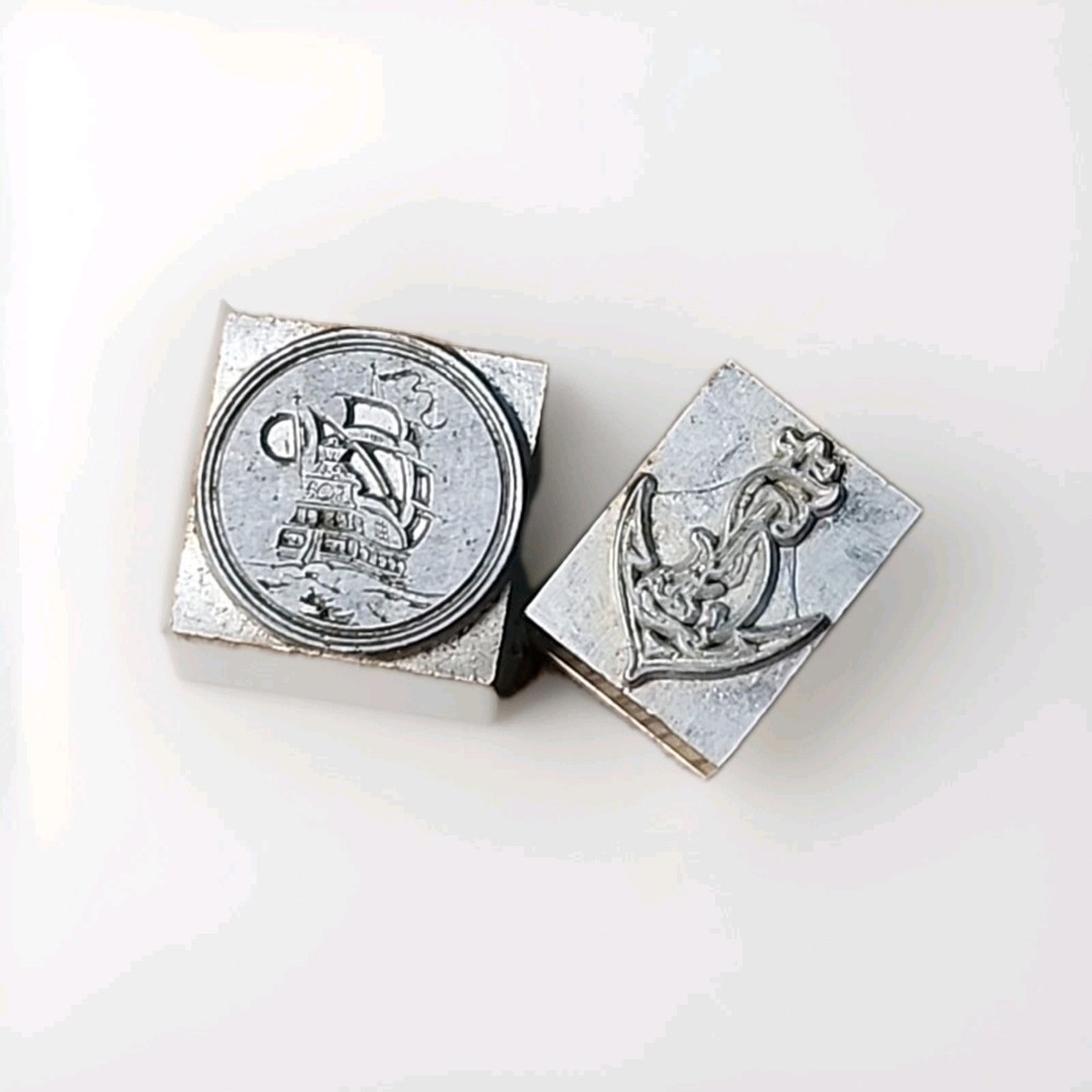 2 Antique Metal Nautical Themed Letterpress Printing Block Stamps Ship Anchor