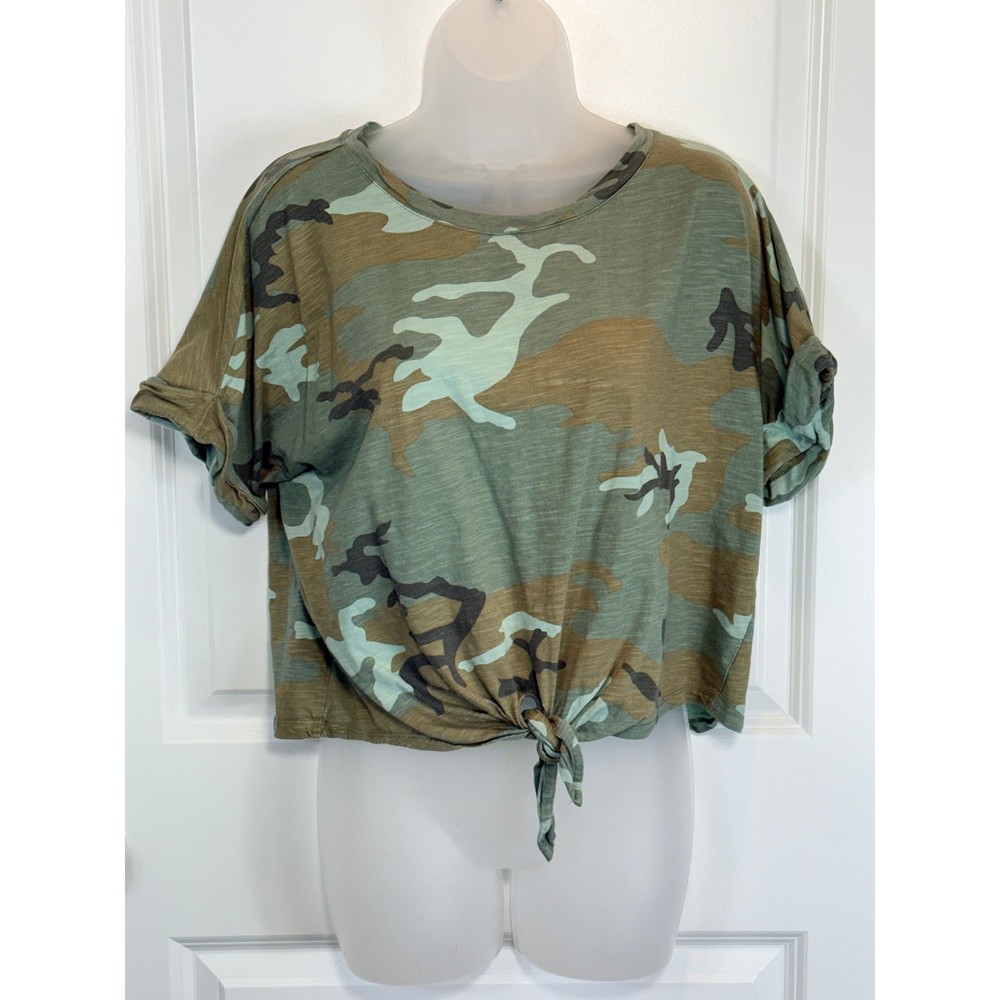 Sanctuary Camouflage Tie Front Cropped T Shirt Womens XL Crop Top Shirt Camo