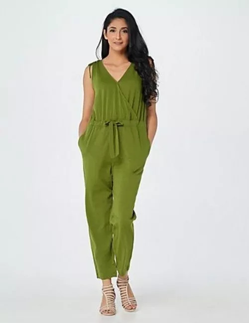 AnyBody Cozy Knit V-Neck Surplice Jumpsuit Cedar Green XS