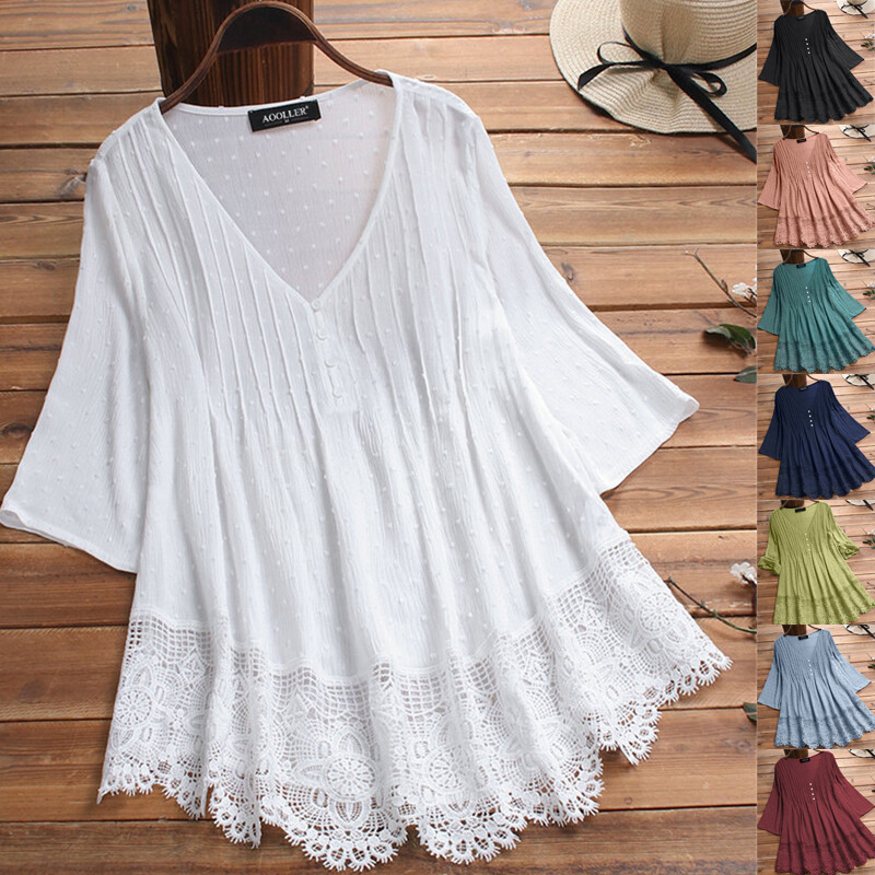 Holiday Women Long Blouse Shirts Ladies Ruffle Casual Loose V-neck Top Plus Size