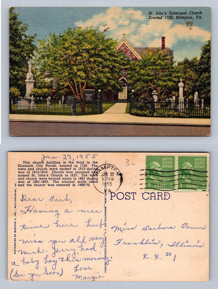 Hampton, VA-Virginia, St John’s Episcopal Church Erected Vintage c1955 Postcard