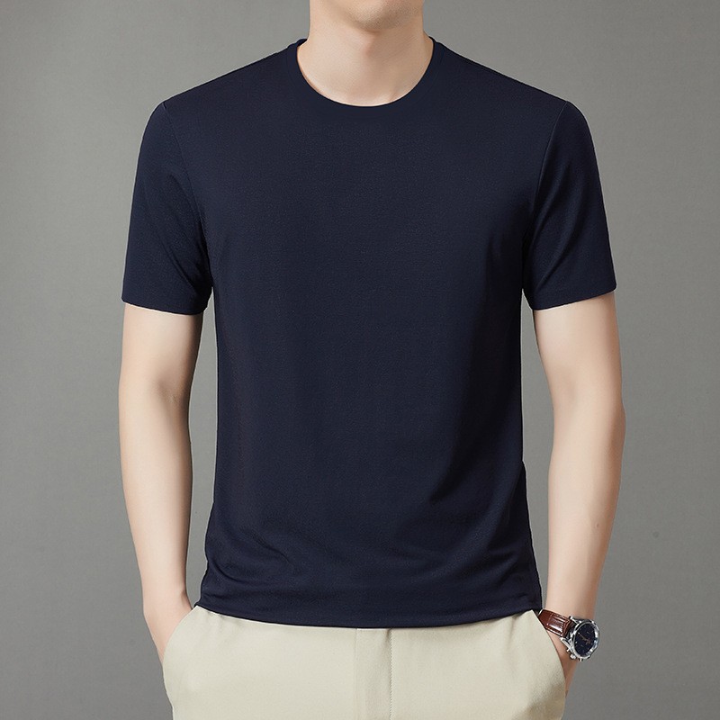 Nylon Elastic Round-neck Short-sleeved Lapel T-shirt Mens Casual Summer New Silk