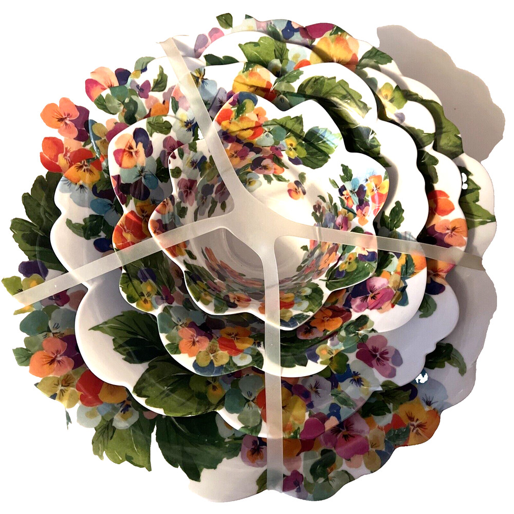 Rachel Zoe Floral Pansy Stacking Bowls Set of 4 Nesting Scalloped Melamine NEW