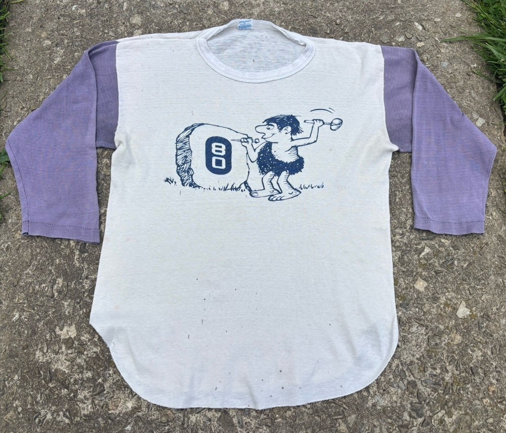 70s Blue Bar Champion DISTRESSED Caveman Print Baseball Tee.medium