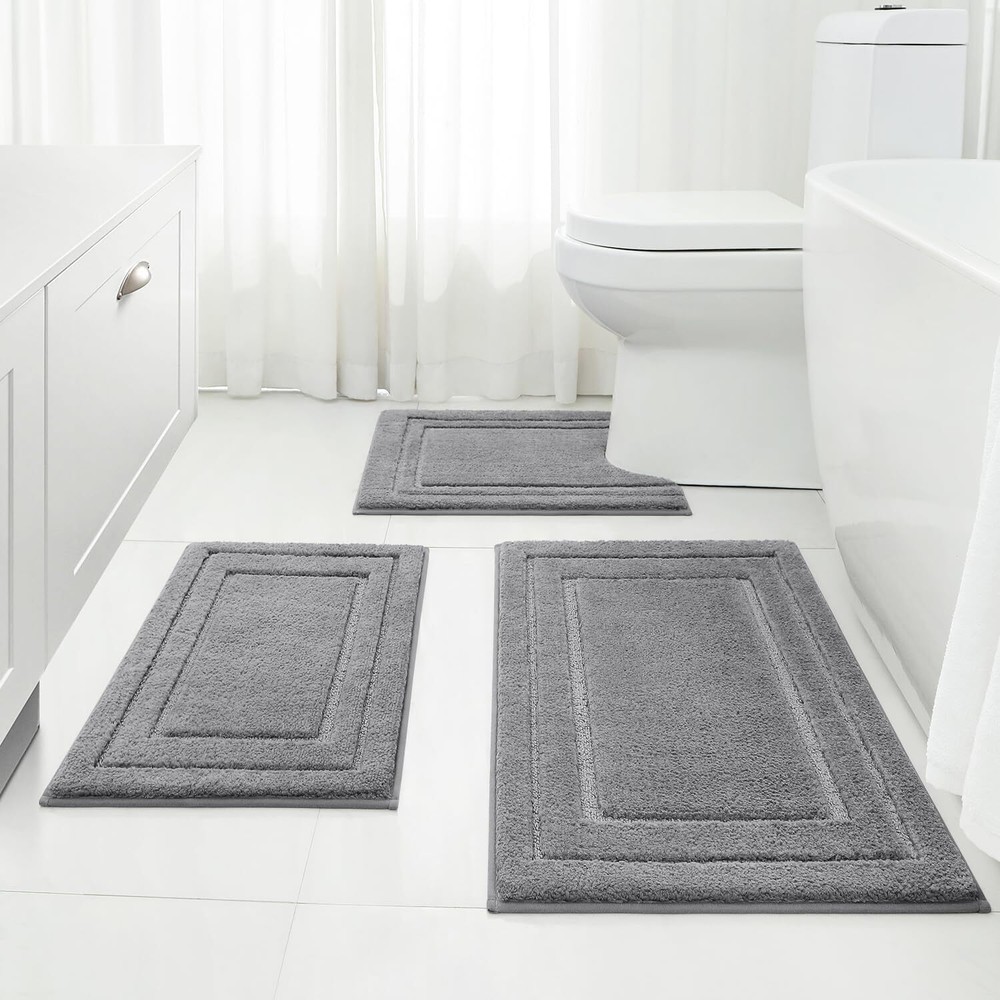 3-Piece Bathroom Bath Mat Contour Rug Set Gray Super Soft and Absorbent Non Slip