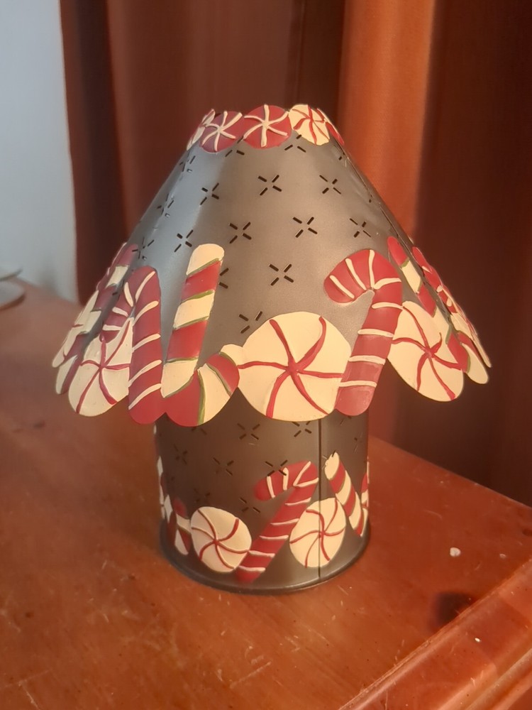 Vintage Punched Tin Candle Lantern with Candy Cane Motif Shade