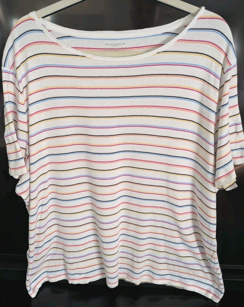 Talbots Women 3X Plus Knit T Shirt White Multicolor Striped Scoop Neck 100% Cot.