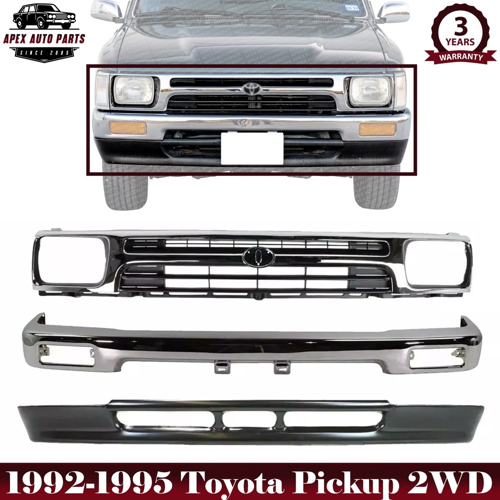 Front Bumper Chrome Steel + Grille + Lower Valance For 1992-95 Toyota Pickup 2WD
