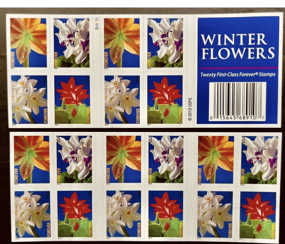 Mint US Winter Flowers Booklet Pane of 20 Forever Stamps Scott# 4862-4865 (MNH)