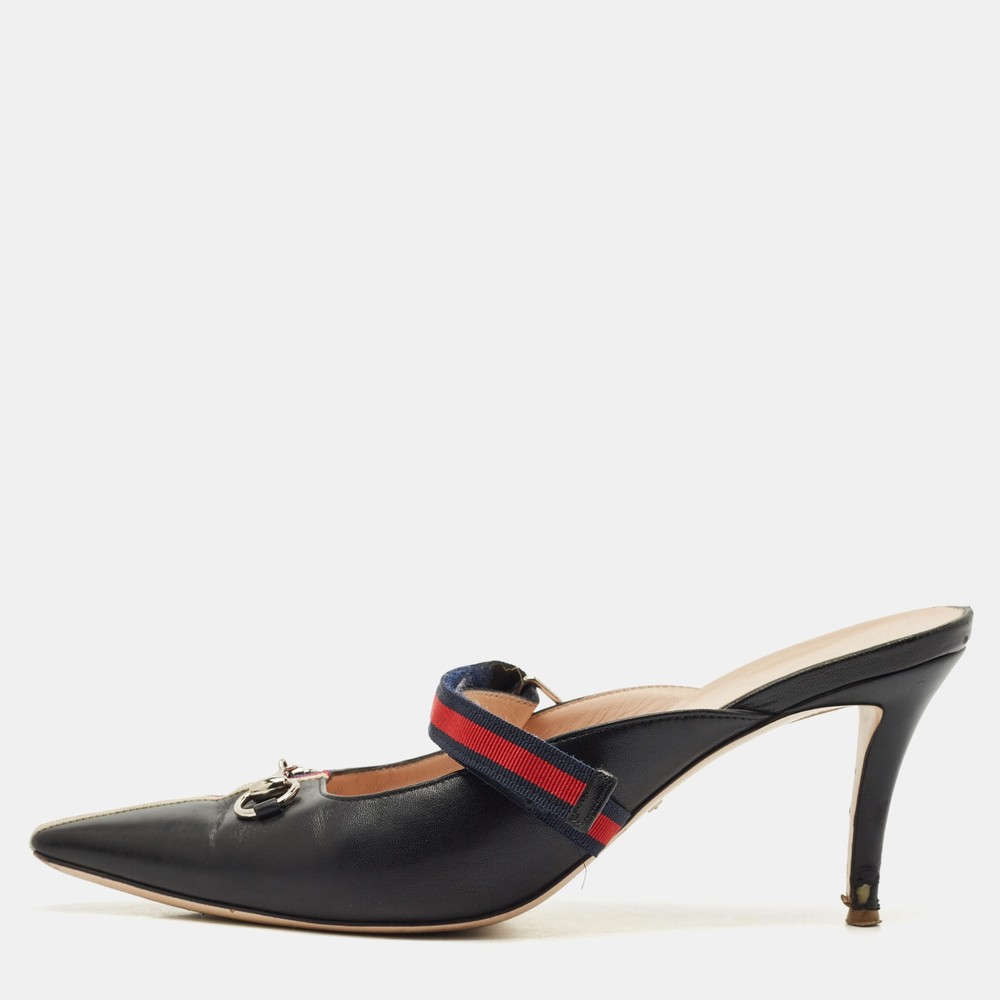 Gucci Black Red Leather Emma Web Strap Horsebit Mules Size 40.5