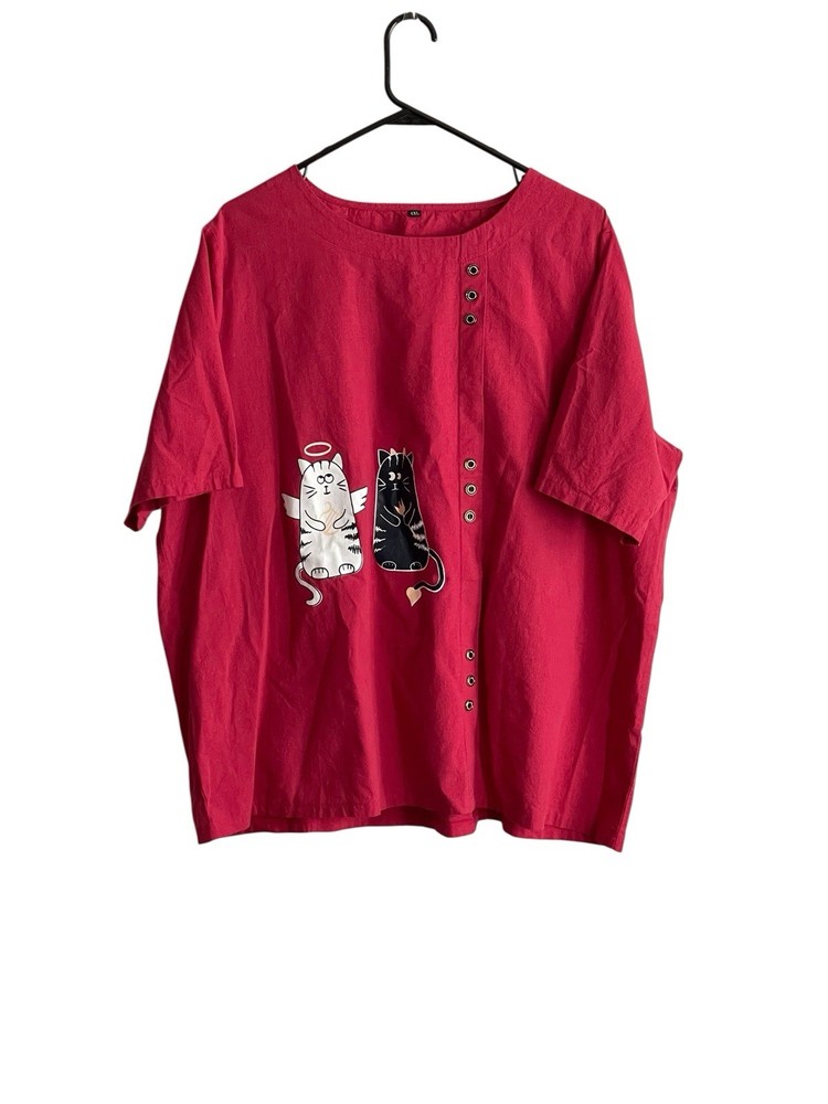 Womens Top Plus Sz 4X Red Cat Graphic Pullover Cotton Short Sleeve