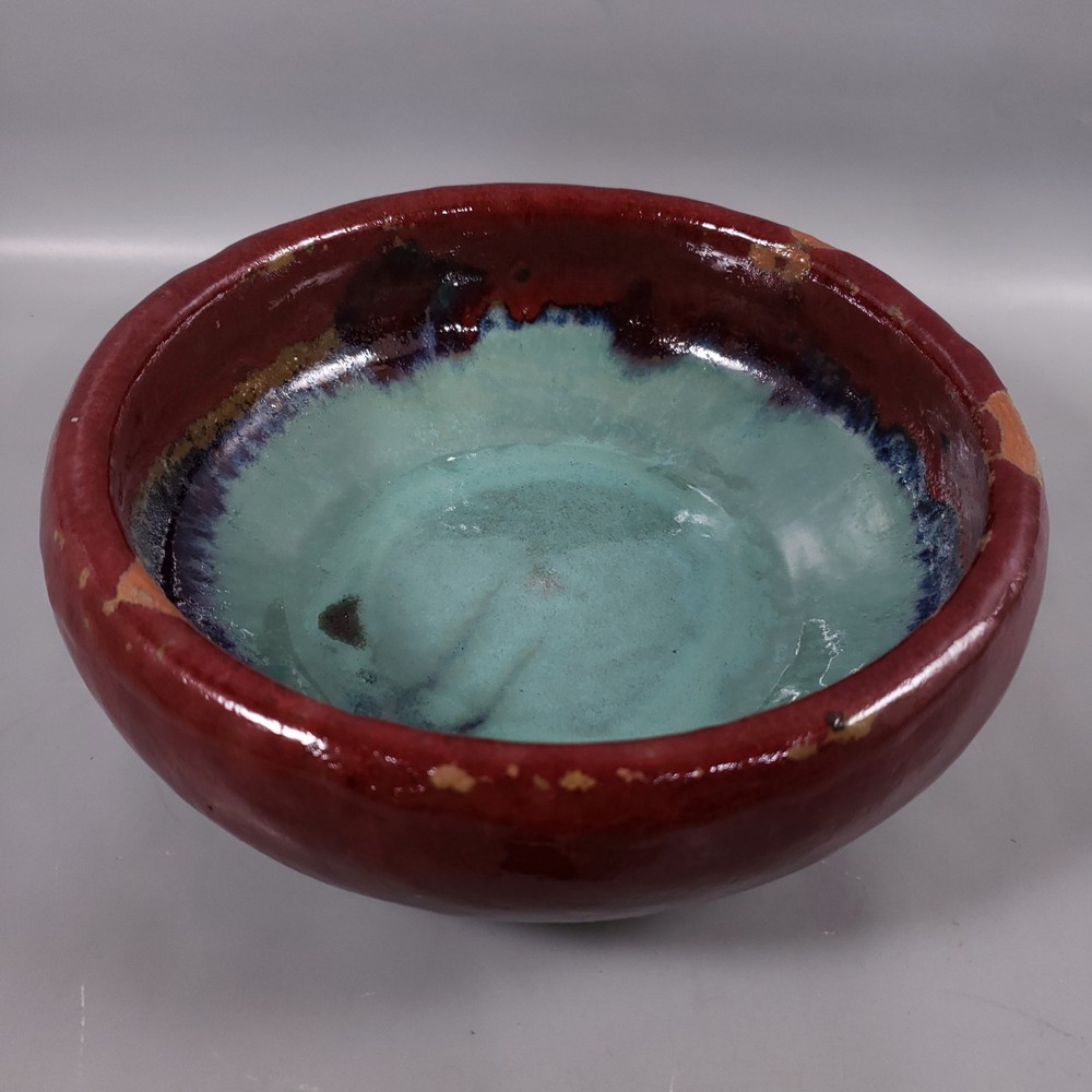 Vintage ART POTTERY Rustic Red Blue Drip Glaze Terracotta DECORATIVE BOWL DISH
