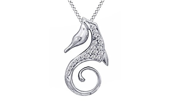0.10Ct White Diamond Accent Seahorse Pendant Necklace Real 14K White Gold Plated