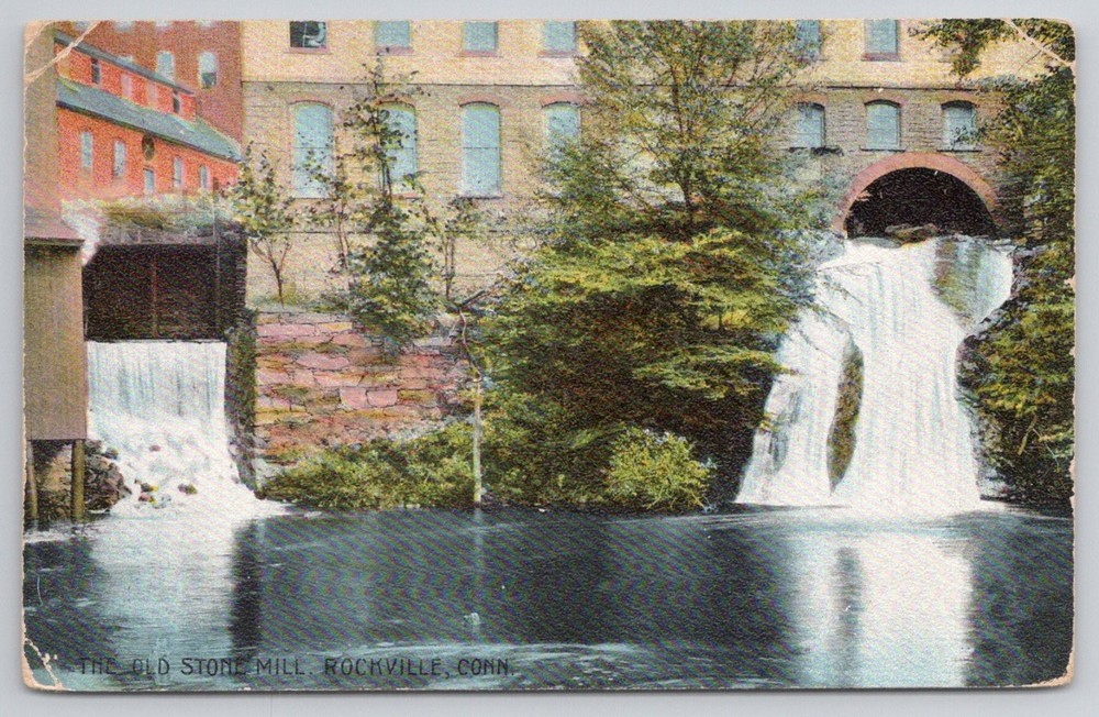 Old Stone Mill Rockville, CT 1918 Postcard - Waterfalls & Historic Factory