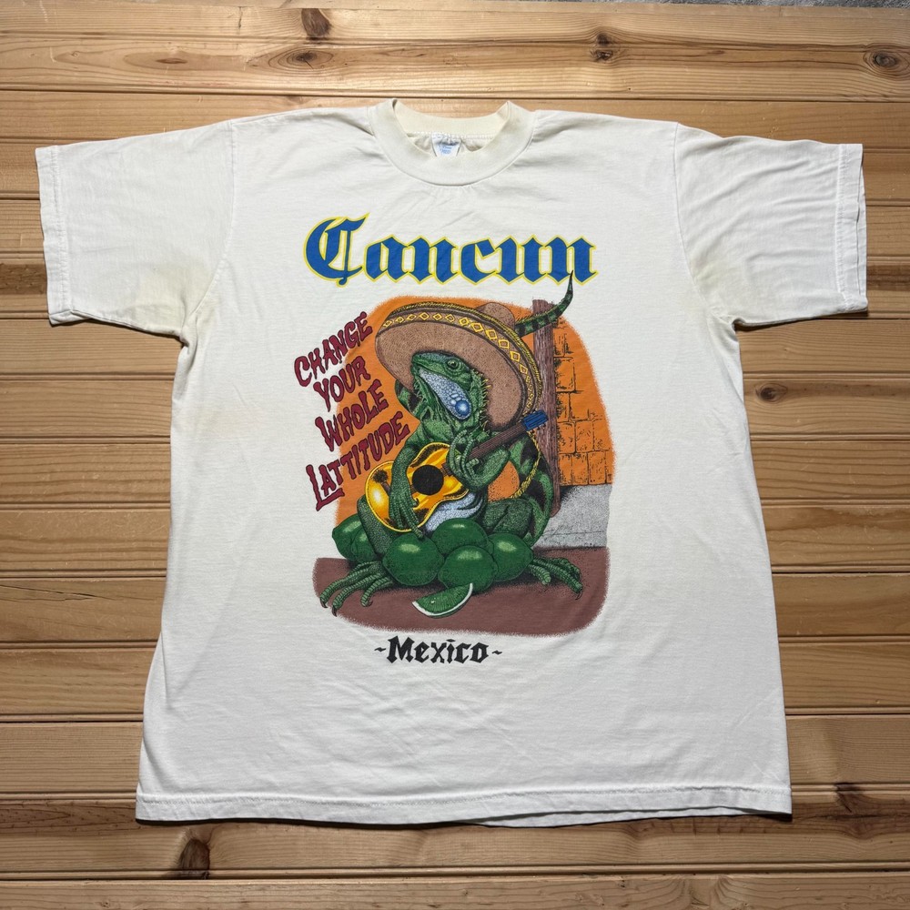 Vintage 90s Cancun Mexico Change Your Whole Lattitude Latin Iguana T-Shirt Large