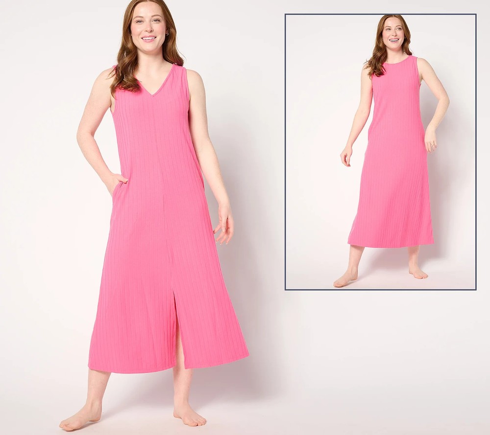 Cuddl Duds Wide Rib 2-Way Round to V-Neck Tank Maxi Dress Hot Pink XL