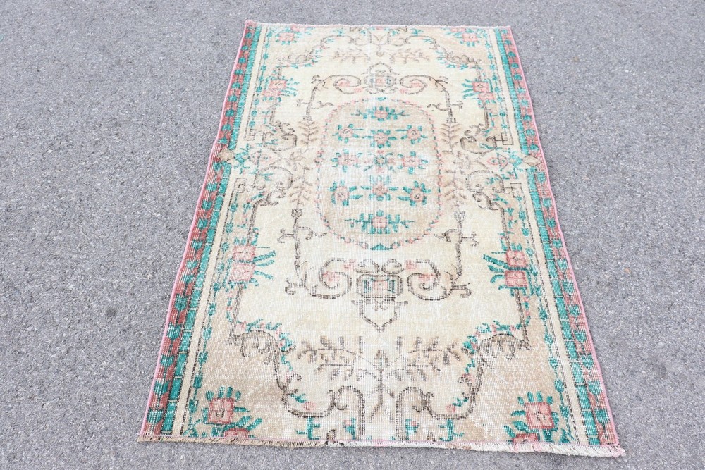 Vintage Turkish Accent Rug 3,6x5,6 ft, Blue Pink Oriental Rug