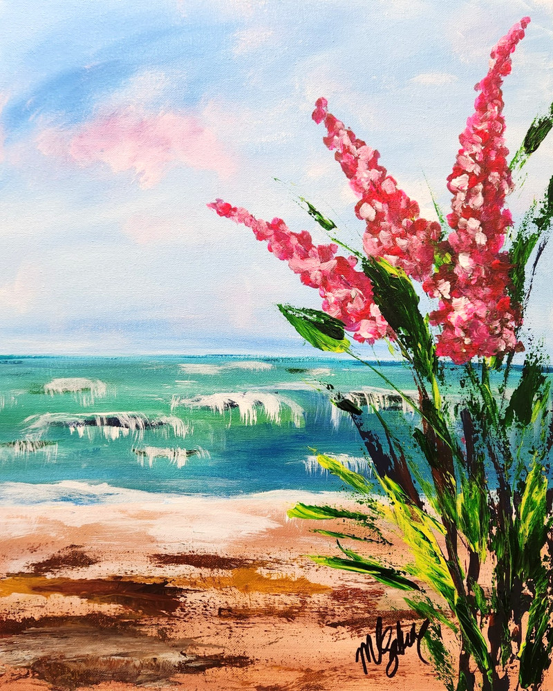 Beach Flower Painting 16x20 Original Coastal Ocean Seascape Wall Art