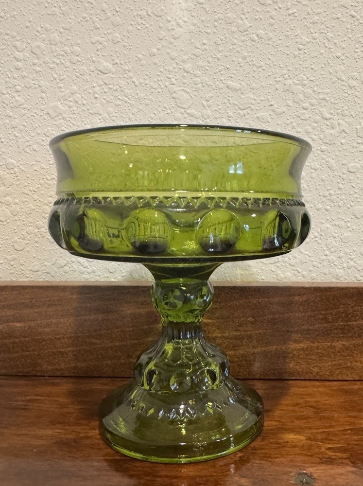 Vintage Indiana Glass Co Kings Crown Thumbprint Sherbet Glass Avocado Green