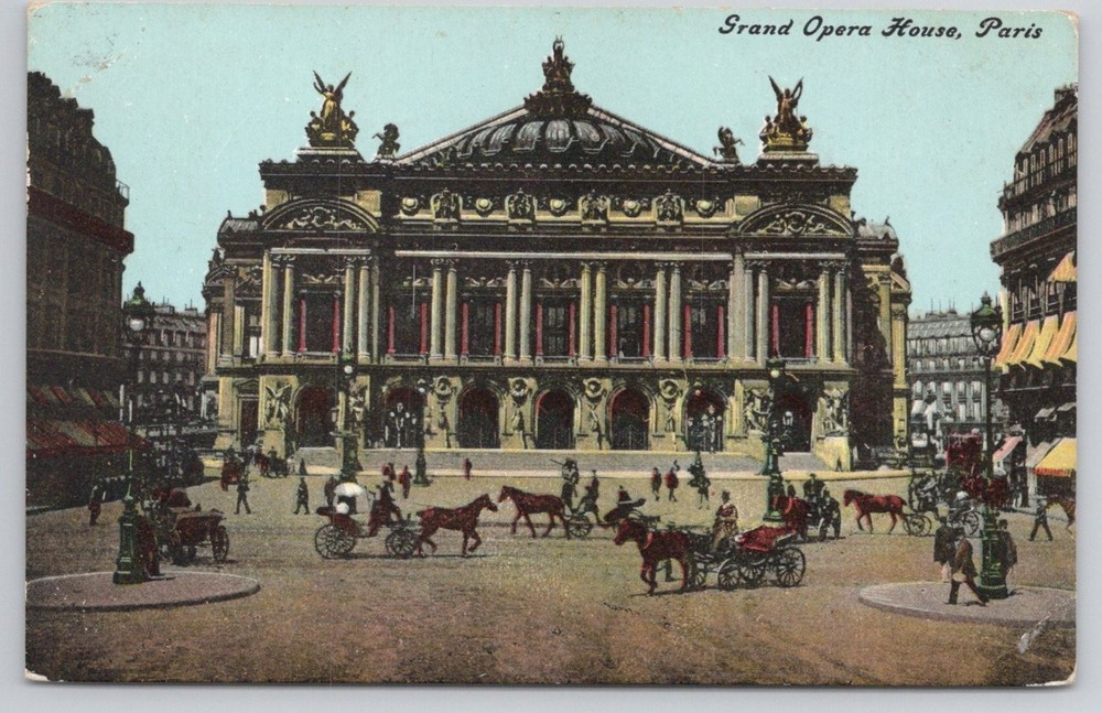 1910 Grand Opera House Paris France Postcard Horse Carriages Street Scene