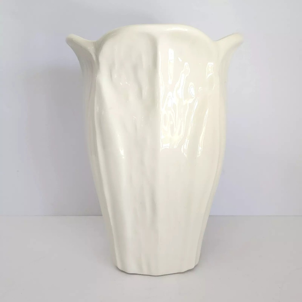 Vintage Haeger Pottery 808-24 Art Deco Ceramic Vase with Raised Leaf Design Cream White 9 Inch