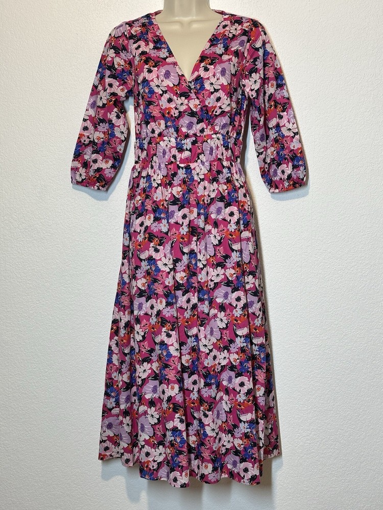 Womens Midi Dress XS 3/4 Puff Sleeve Pink Floral Cottagecore Fairy Coquette