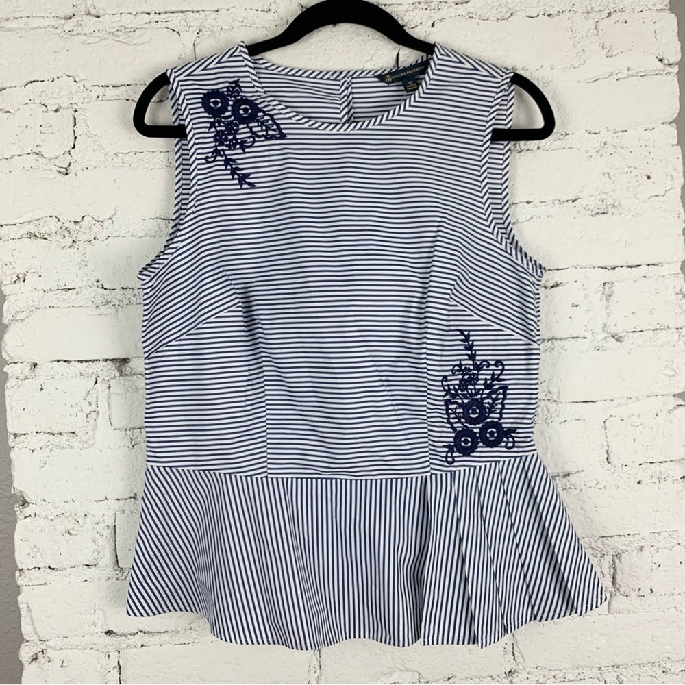 Brooks Brothers Striped Embroidered Peplum Sleeveless Blouse 10 New