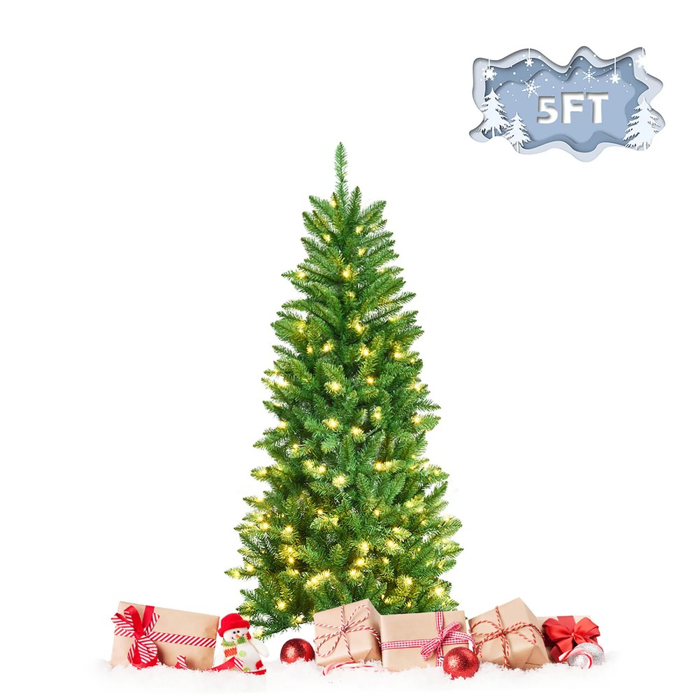 5FT 6FT Artificial Christmas Tree Hinged Fir Pencil Tree with Lights