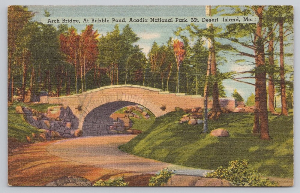 Acadia National Park Arch Bridge Bubble Pond Mt Desert Island ME Linen Postcard-image