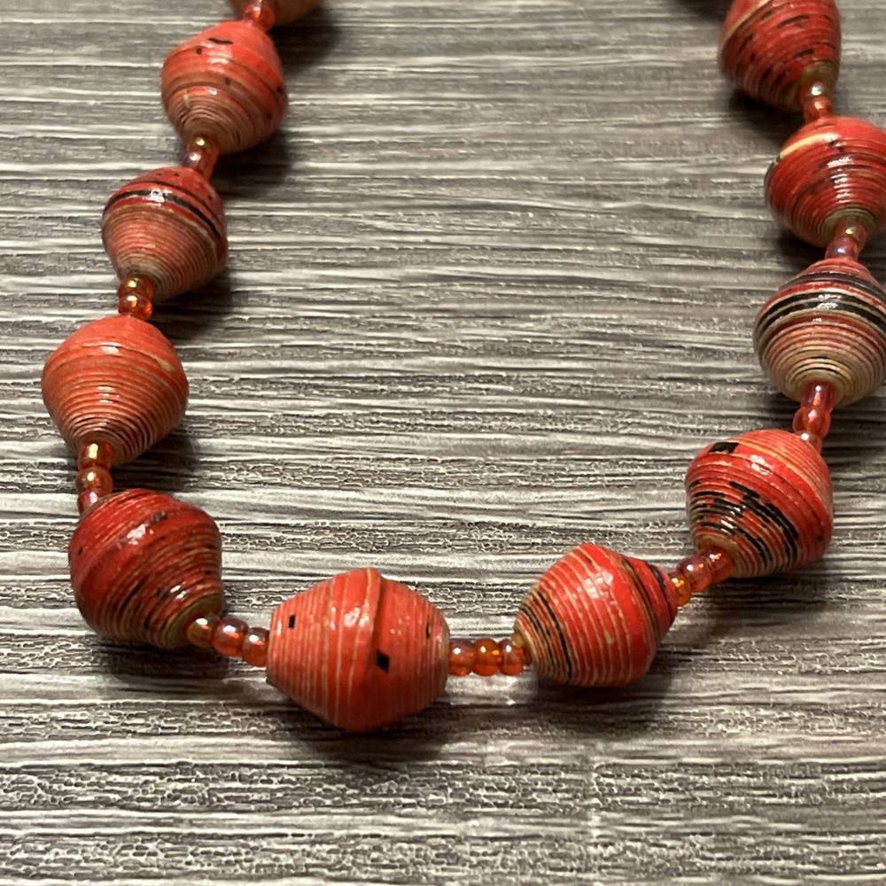 Vintage Red Paper Bead Necklace Handmade Boho Statement Jewelry