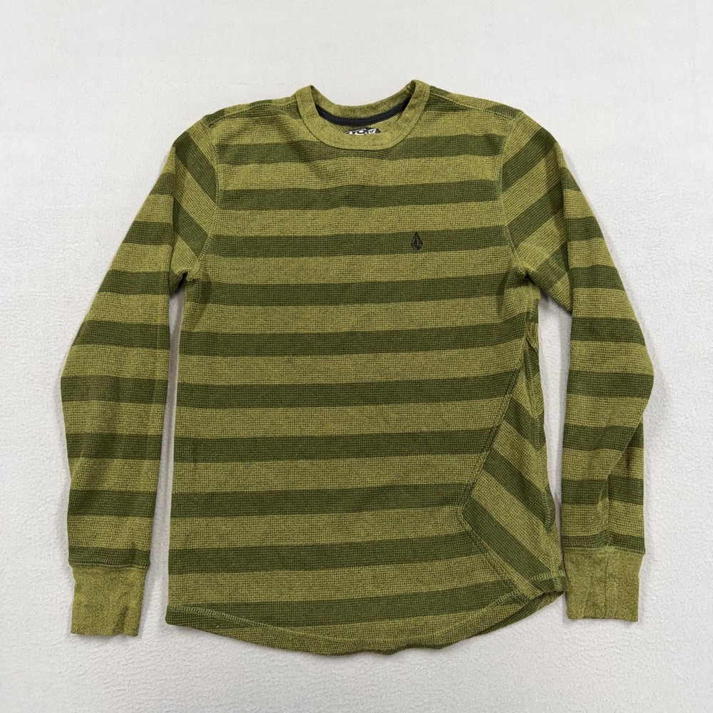 Volcom Shirt Mens Medium Green Striped Thermal Long Sleeve Crewneck Knit Waffle