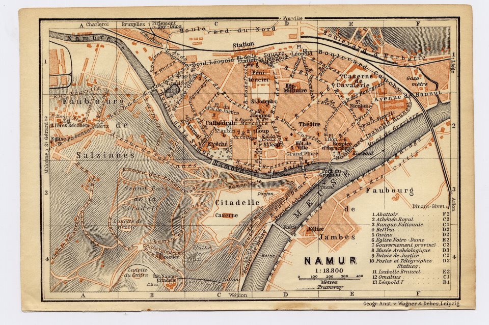 1905 Antique City Map Of Namur / Namen / Wallonia / Belgium
