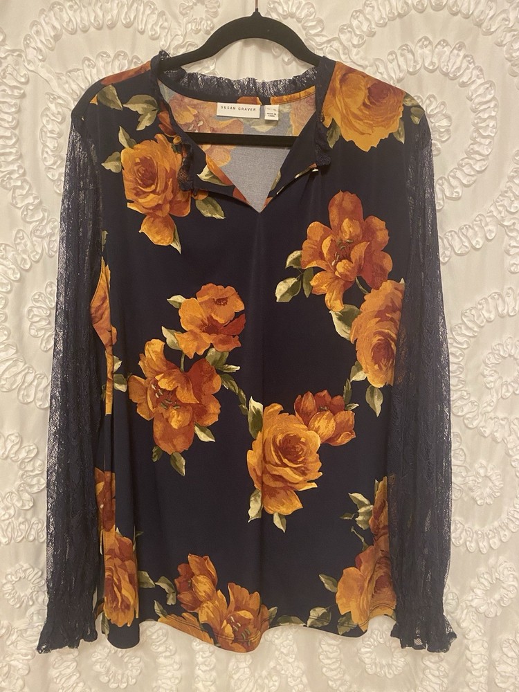 Susan Graver Women's Floral Long Lace Sleeve Ruffle Blouse Size Medium