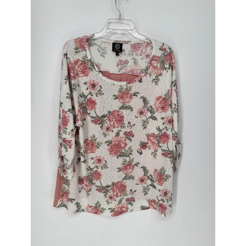 Bobeau Floral Top Womens 1X White Rose Good Mixed Media 3/4 Sleeve Knit Blouse