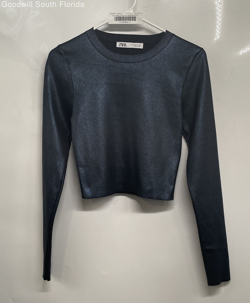 Zara Womens Blue Long Sleeve Crew Neck Pullover Cropped Blouse Top Size M