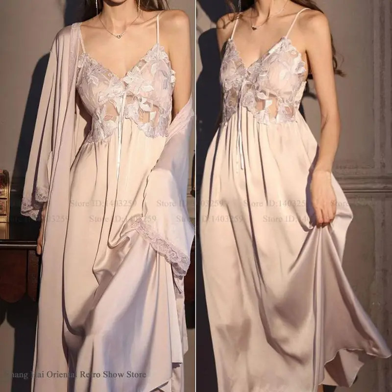 Elegant women's long robe made of ice silk.