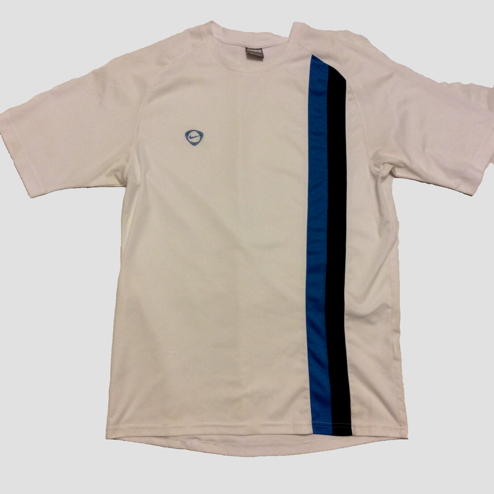Vintage Nike Dri-Fit Shirt Men's Sz Large White Blue Stripes Soccer Tennis