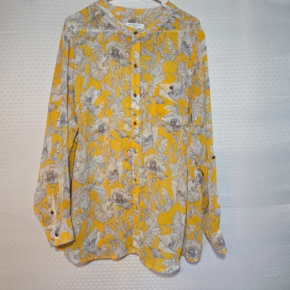 Liz Claiborne Woman 2X  Button Front Pocket  Sheer Floral Artsy  Blouse Yellow