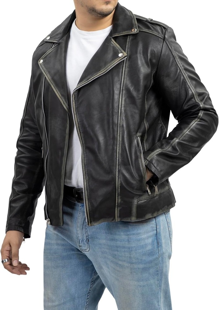 Black Lambskin Leather Biker Jacket for Men - MBJ19a Stylish Casual Wear