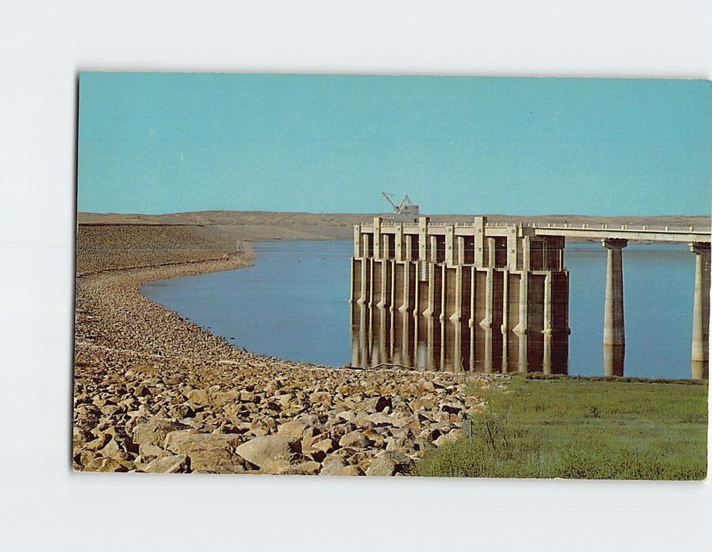 Postcard Oahe Dam and Intake Towers near Pierre South Dakota USA North America