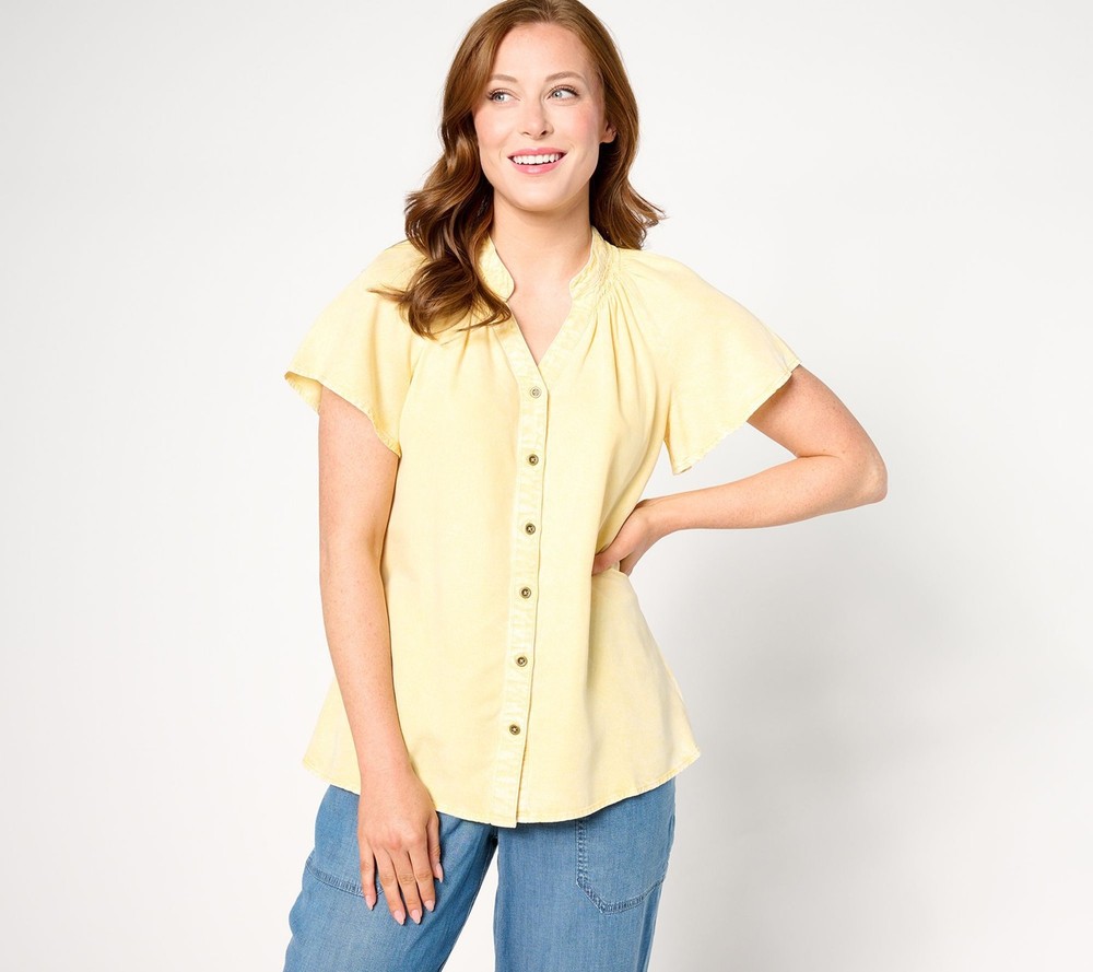 Anybody Women's Top Sz L Tencel Acid Wash Flutter Sleeve Yellow A641014