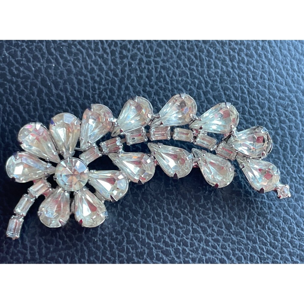 Vintage Silver Tone Clear Rhinestone Floral Leaf Spray Brooch Pin Mid-Century