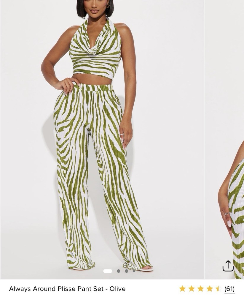 Fashion Nova Plisse Zebra 2 Piece Set XL Olive Wide-Leg Pants Sleeveless Top