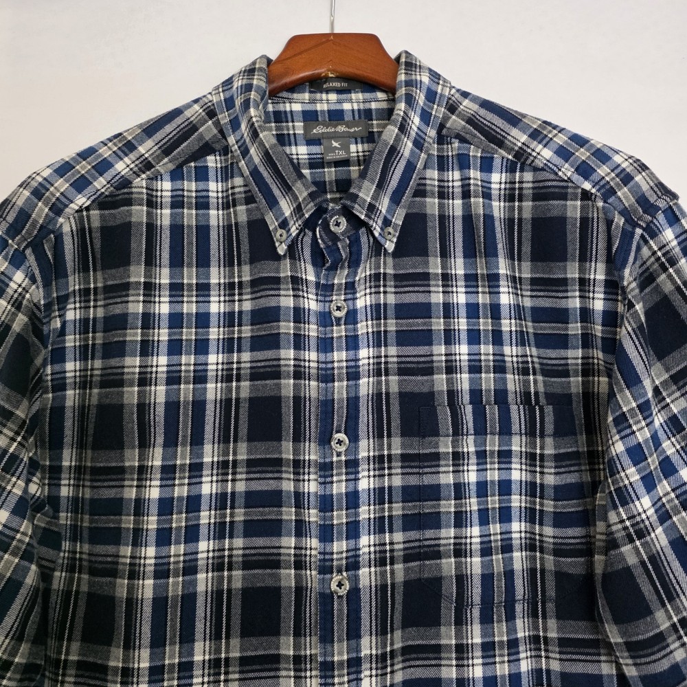 Eddie Bauer Men’s Blue Plaid Flannel Button Shirt - Relaxed Fit XLT 100% Cotton