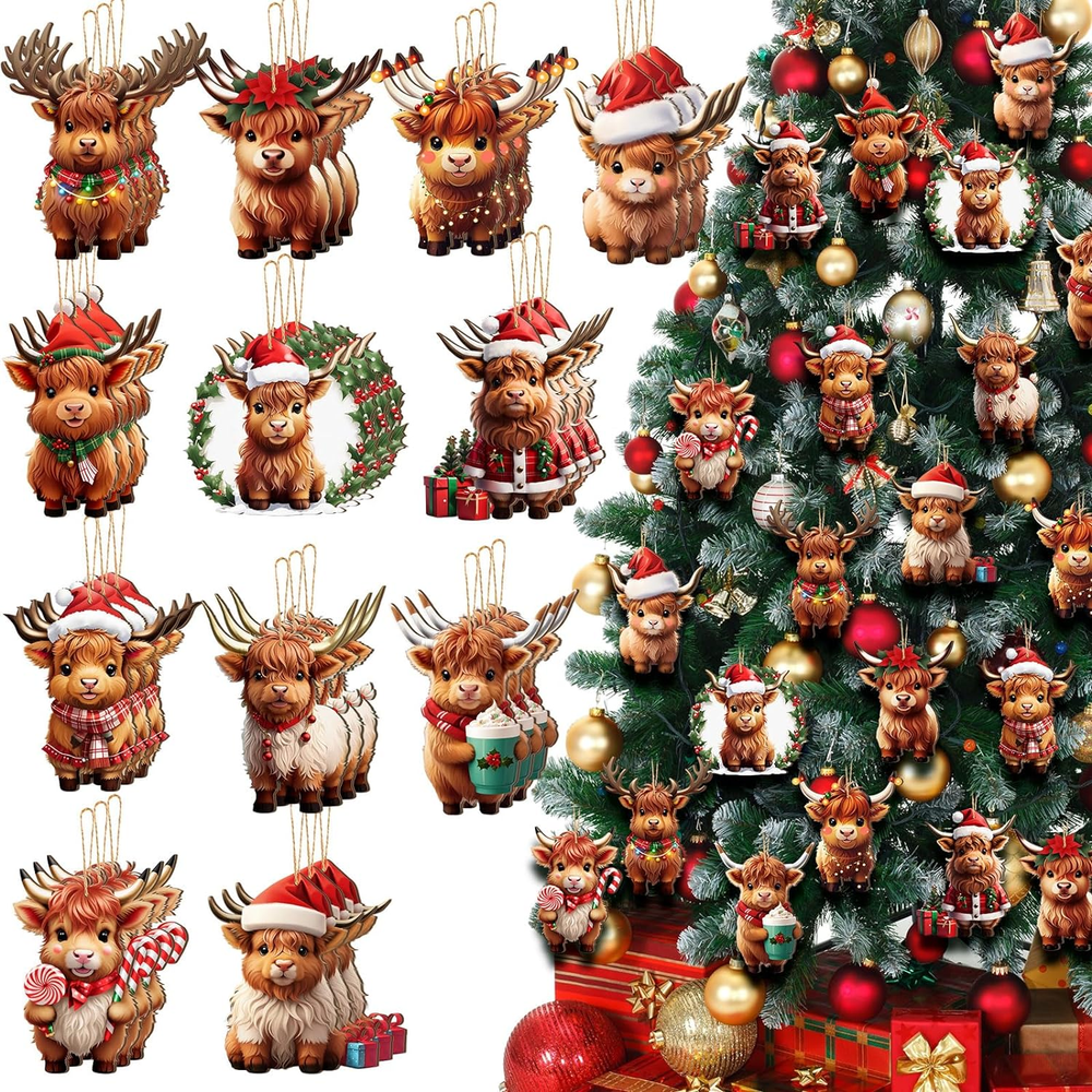 36 Pcs Cow Christmas Ornament Wooden Western Highland Cow Decoration for Christm