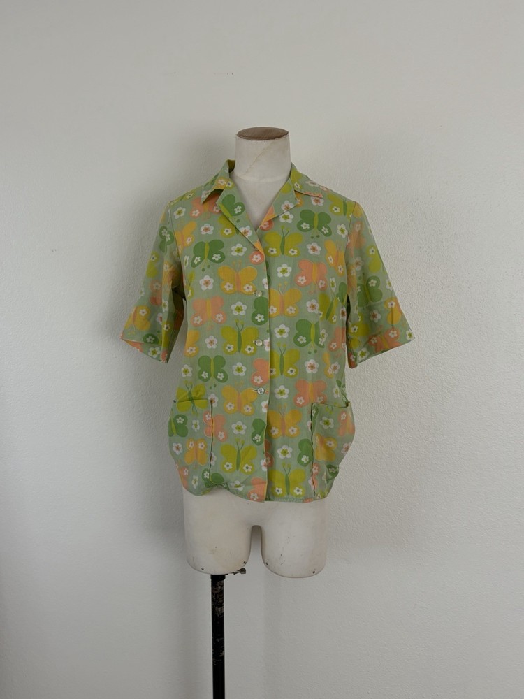 VTG 60s 70s Alfred Paqutte Women’s Butterfly Print 50/50 Shirt Hippie Blouse