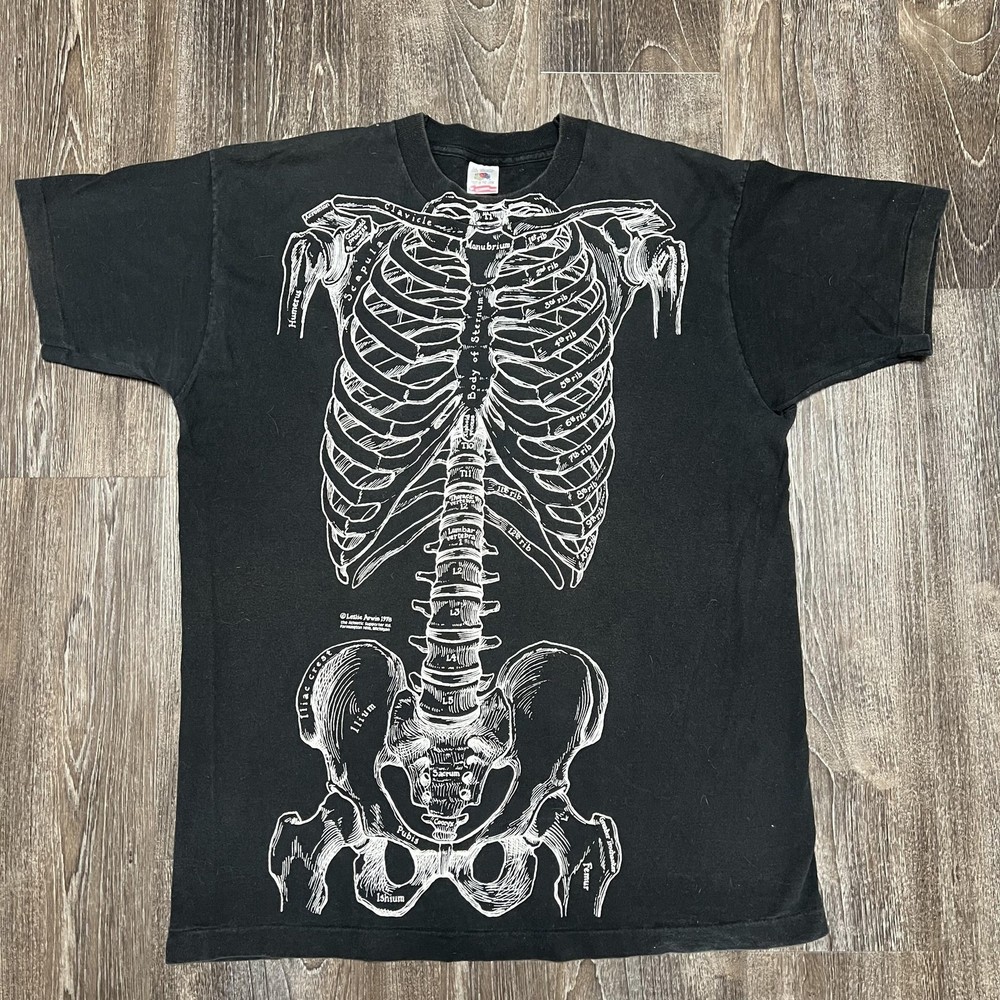 Vintage Leslie Arwin Skeleton Anatomy Shirt Mens XL Black Graphic 90s