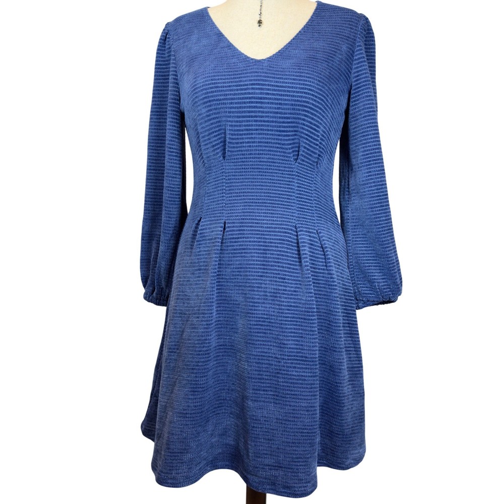 Royal Blue Vintage Inspired Stretchy Fall Chenille dress Pin Tuck Details Size L