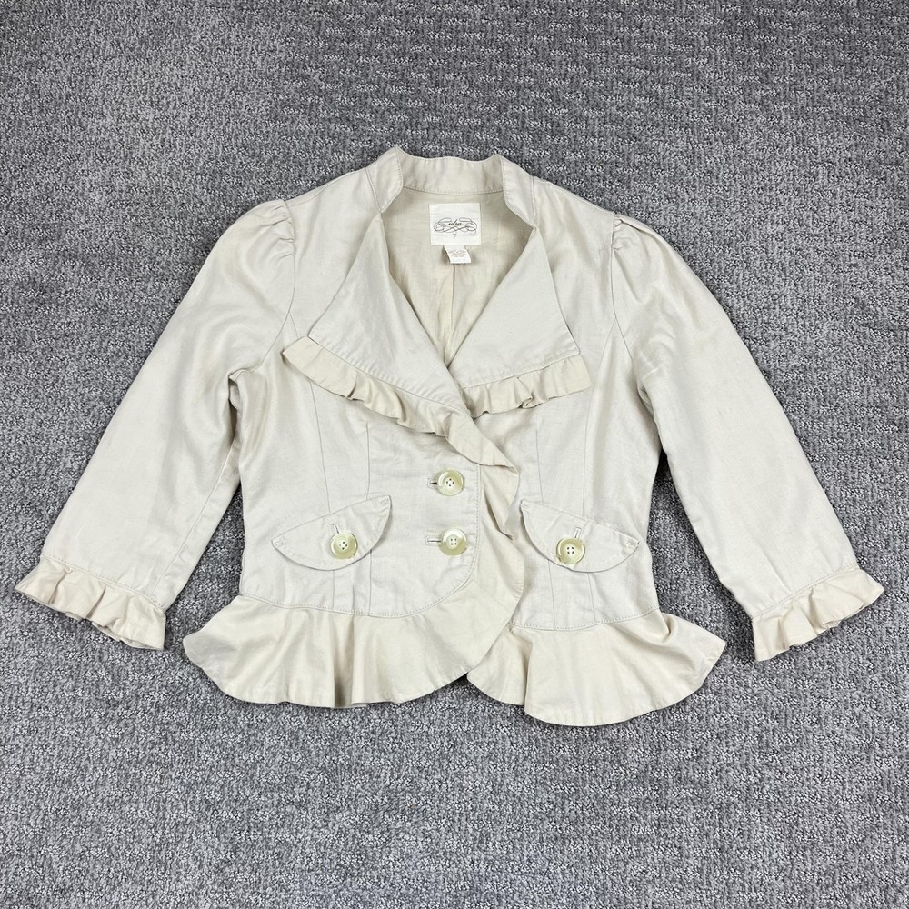 Idra Jacket Womens 6 Beige Linen Ruffle Peplum Blazer 3 Button Romantic Fitted