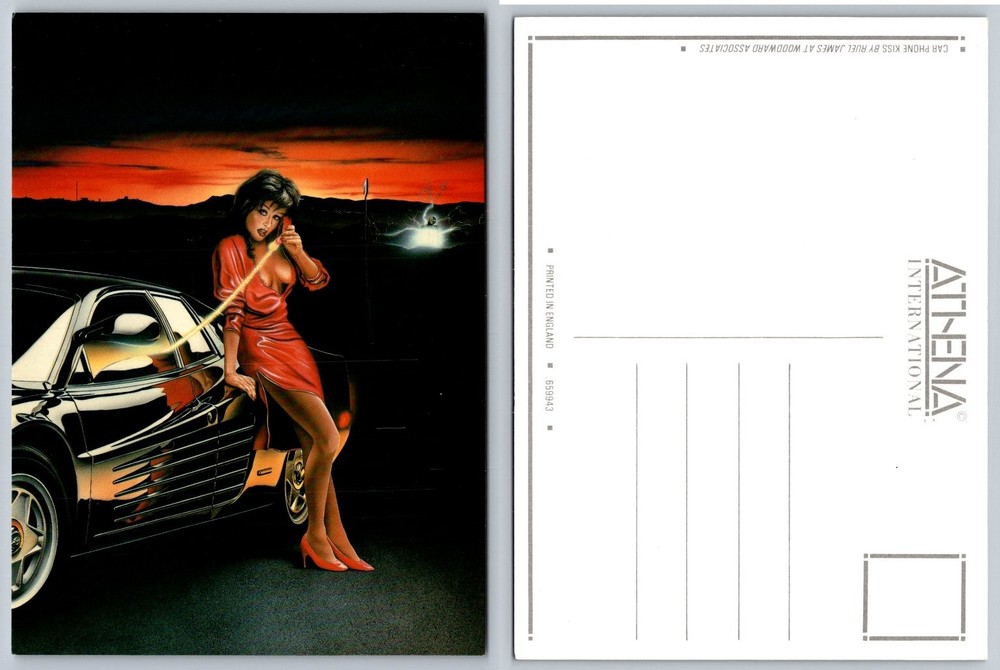 Ruel James Car Phone Kiss Athena 80s Ferrari Testarossa Art Postcard